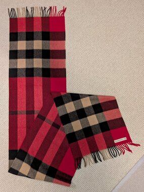 Burberry Half Mega Check Red Cashmere Scarf (200 x 36cm) - Authentic w/ receipt